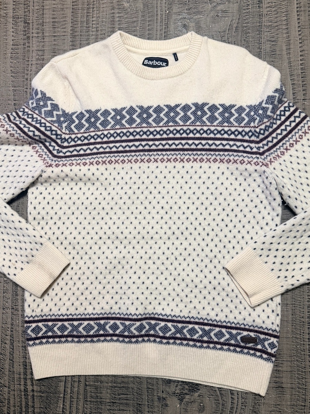 Barbour Cream Fair Isle Crewneck Sweater with Blue and Burgundy Accents